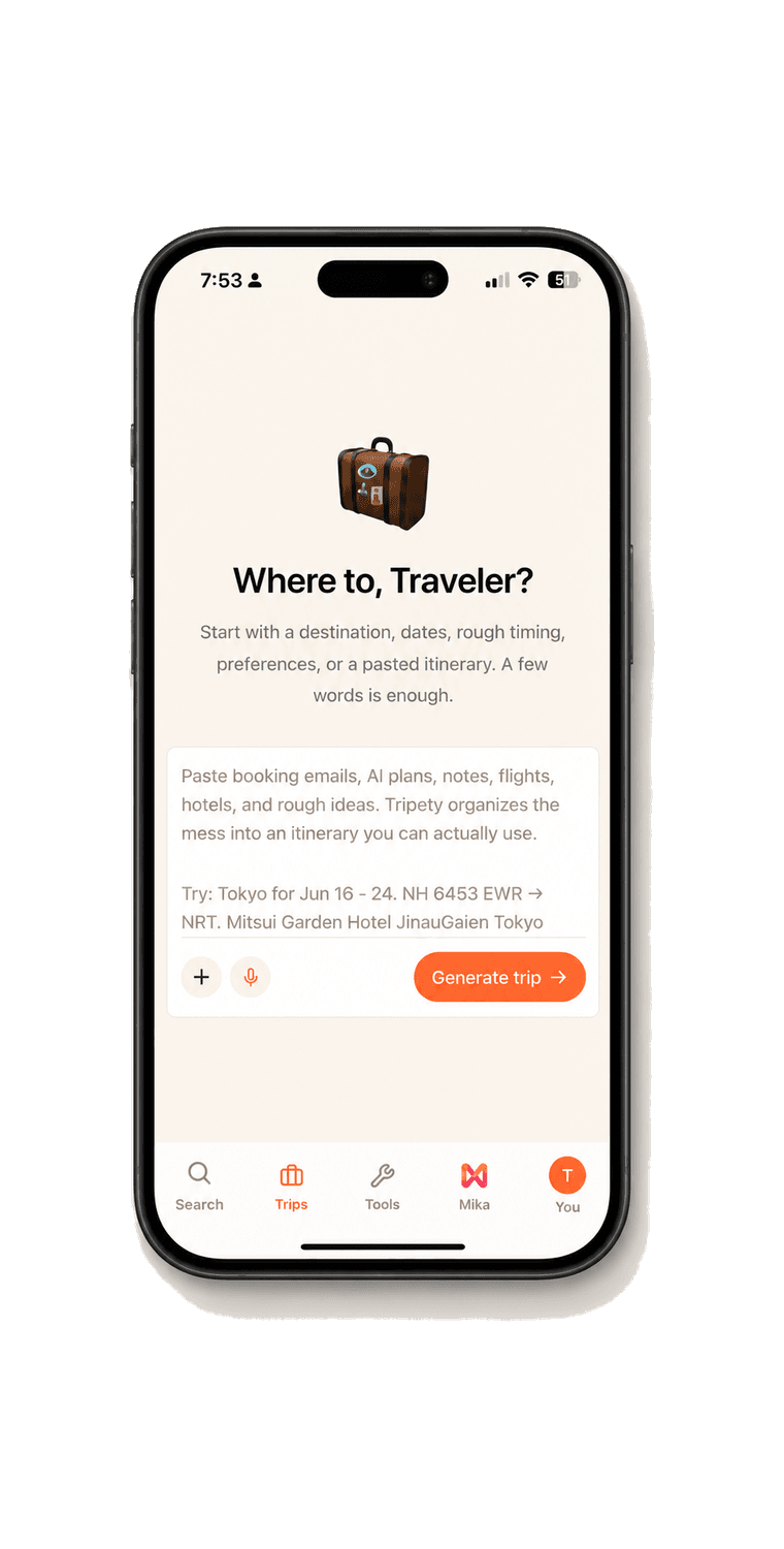 Tripety mobile screen showing the paste trip details input