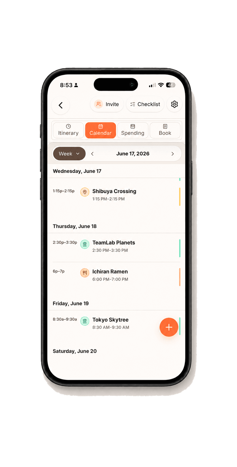 Tripety mobile calendar view showing an organized trip itinerary