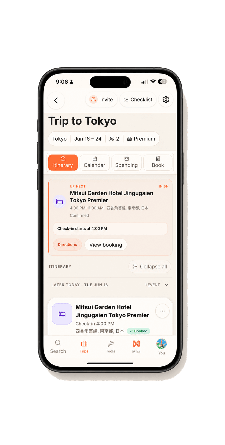 Tripety mobile itinerary view showing the next stop and trip details